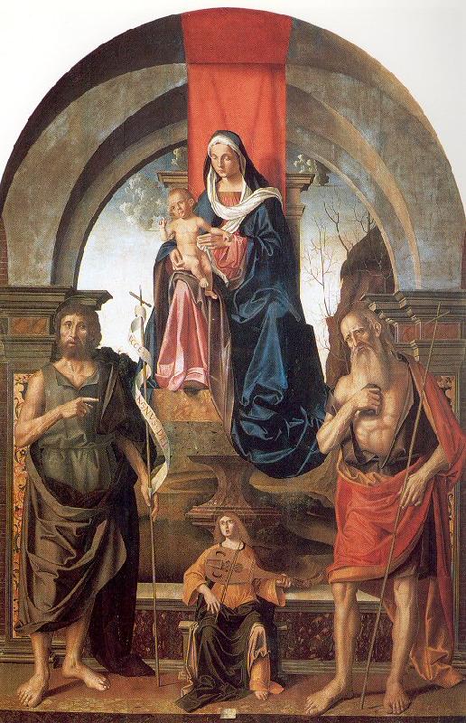 Palmezzano, Marco Virgin and Child Enthroned between Saints John the Baptist and Jerome oil painting image